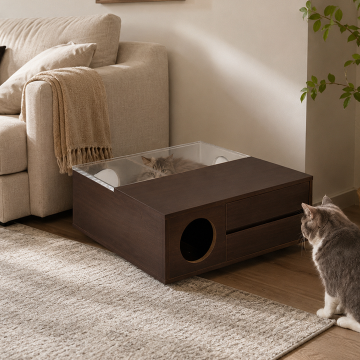 Contemporary Cat Furniture Coffee Table With Hidden Cat House - Scandinavian Acrylic Viewing Panel Hidden Cat Bed For Living Room & Bedroom