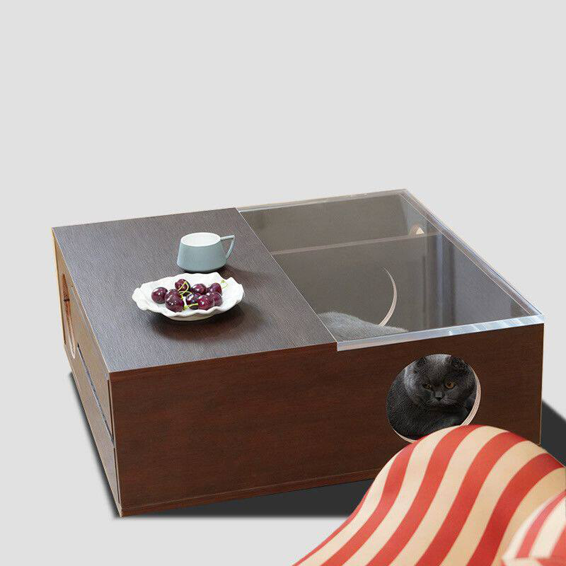Contemporary Cat Furniture Coffee Table With Hidden Cat House - Scandinavian Acrylic Viewing Panel Hidden Cat Bed For Living Room &amp; Bedroom