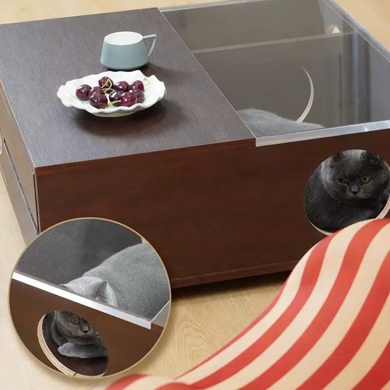Contemporary Cat Furniture Coffee Table With Hidden Cat House - Scandinavian Acrylic Viewing Panel Hidden Cat Bed For Living Room &amp; Bedroom