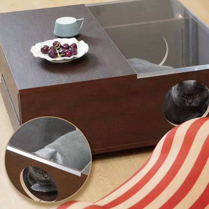 Contemporary Cat Furniture Coffee Table With Hidden Cat House - Scandinavian Acrylic Viewing Panel Hidden Cat Bed For Living Room &amp; Bedroom