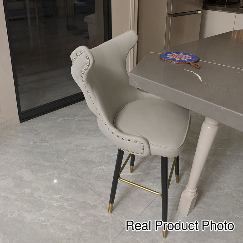 Modern Luxury Synthetic Fabric &amp; Velvet Iron Wingback Nailhead Trim Bar Stool Backrest &amp; Footrest For Kitchen &amp; Bar