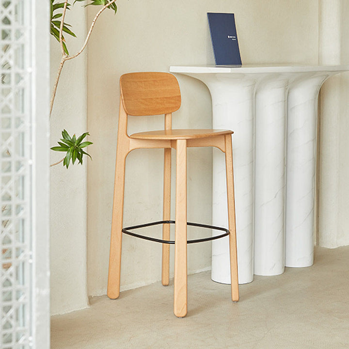 Scandinavian Beech Wood Bar Stool - Curved Backrest Steel Footrest Counter Stool For Dining Room &amp; Kitchen