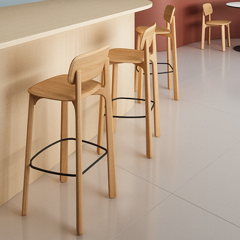 Scandinavian Beech Wood Bar Stool - Curved Backrest Steel Footrest Counter Stool For Dining Room &amp; Kitchen