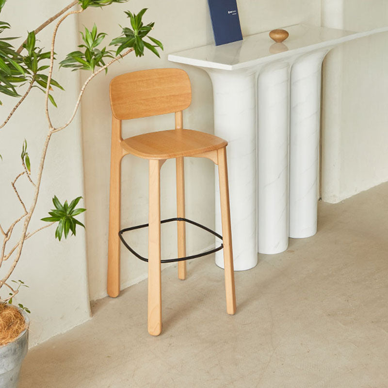 Scandinavian Beech Wood Bar Stool - Curved Backrest Steel Footrest Counter Stool For Dining Room &amp; Kitchen