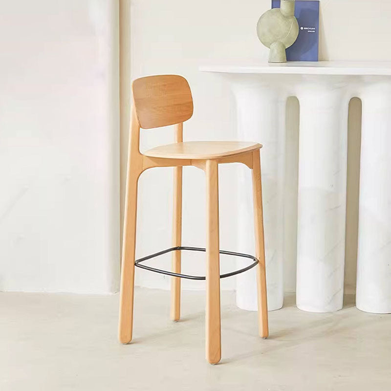 Scandinavian Beech Wood Bar Stool - Curved Backrest Steel Footrest Counter Stool For Dining Room &amp; Kitchen