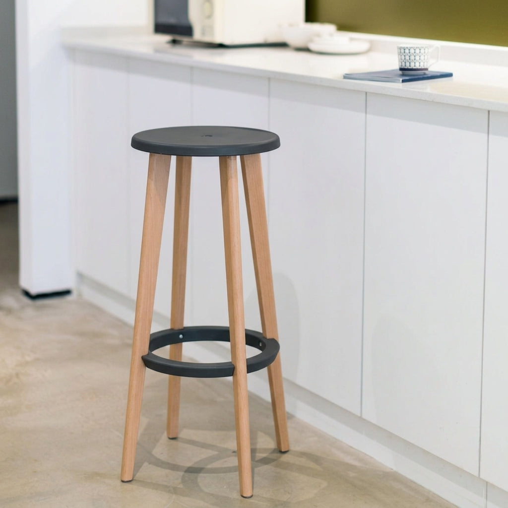 Ergonomic Scandinavian Beech Wood Bar Stool - Heavy-Duty Beech Legs Eco PP Seat Round Footrest Counter Stool For Kitchen &amp; Dining Room