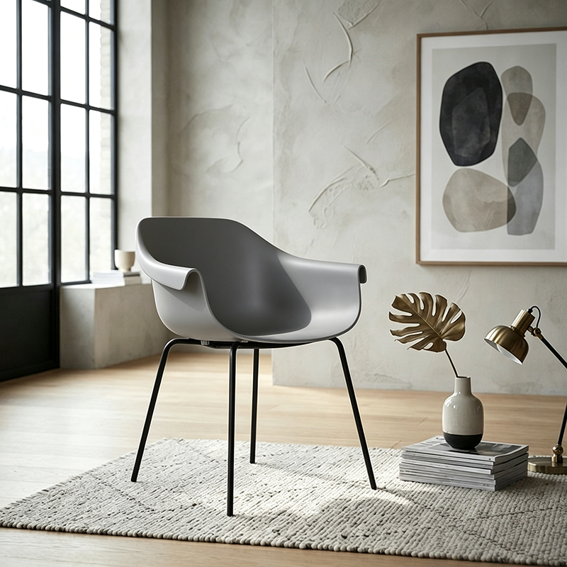 Modern Minimalist PP Seat Back Integrated Arms Steel Base Dining Chair - Ergonomic Curved Back Chair For Dining Room