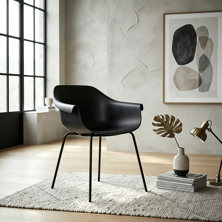 Modern Minimalist PP Seat Back Integrated Arms Steel Base Dining Chair - Ergonomic Curved Back Chair For Dining Room