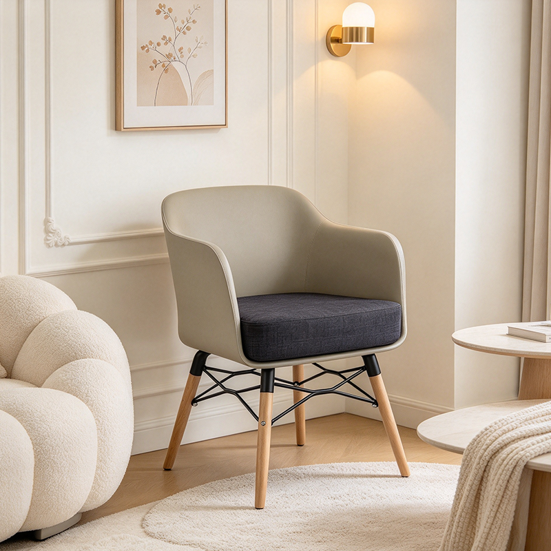Contemporary PP Beech Wood Legs Accent Chair - Scandinavian Rounded Back Fabric Upholstered Seat Dining Chair For Dining Room