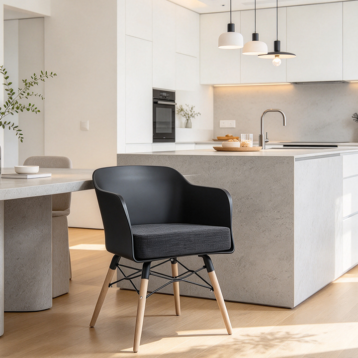 Contemporary PP Beech Wood Legs Accent Chair - Scandinavian Rounded Back Fabric Upholstered Seat Dining Chair For Dining Room