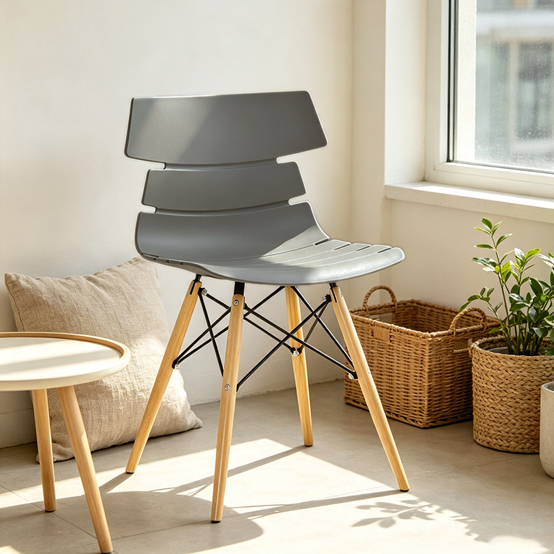 Contemporary Beech Wood Legs Steel Cross Bracing Chair - Creative Geometric Gray Dining Chair For Dining Room