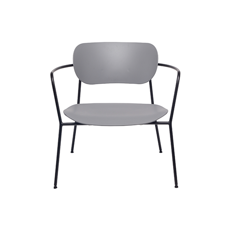 Contemporary Scandinavian Grey PP Accent Chair - Curved Metal Armrest &amp; Black Steel Frame Dining Chair For Living Room