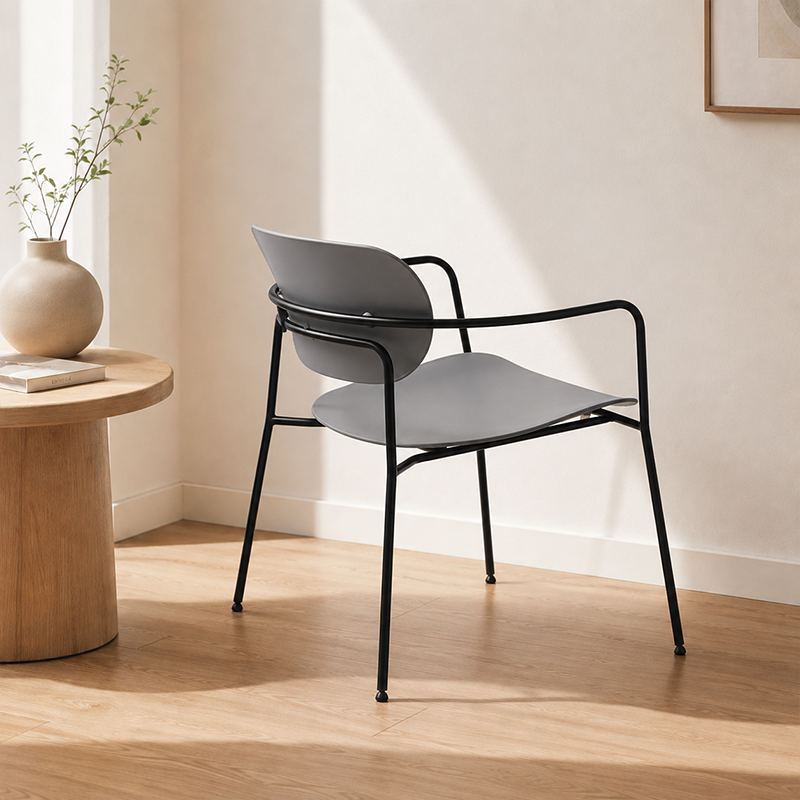 Contemporary Scandinavian Grey PP Accent Chair - Curved Metal Armrest &amp; Black Steel Frame Dining Chair For Living Room