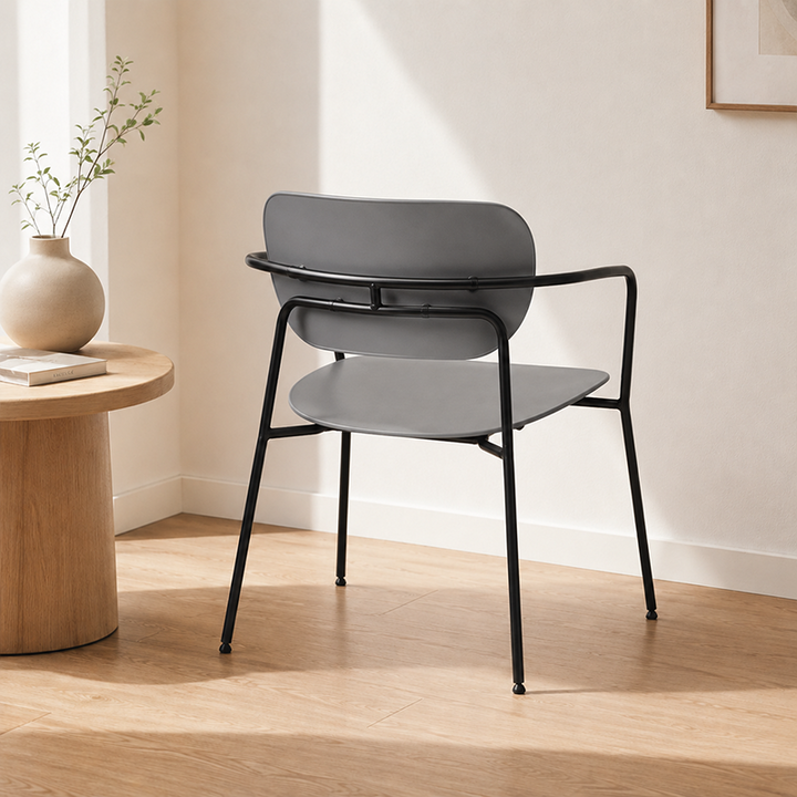 Contemporary Scandinavian Grey PP Accent Chair - Curved Metal Armrest &amp; Black Steel Frame Dining Chair For Living Room