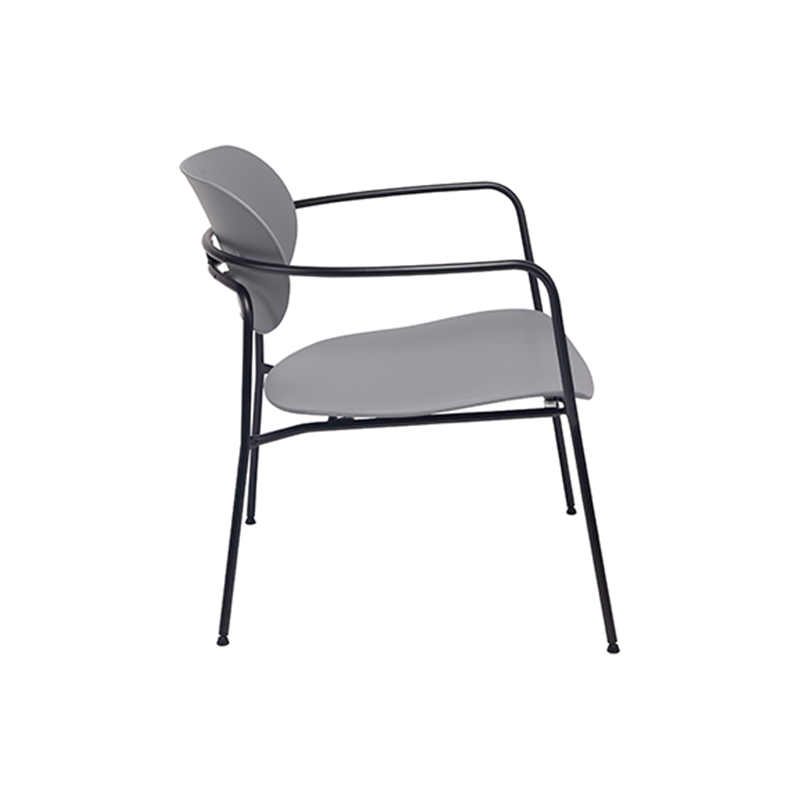 Contemporary Scandinavian Grey PP Accent Chair - Curved Metal Armrest &amp; Black Steel Frame Dining Chair For Living Room
