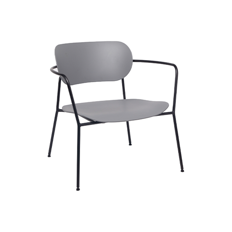 Contemporary Scandinavian Grey PP Accent Chair - Curved Metal Armrest &amp; Black Steel Frame Dining Chair For Living Room