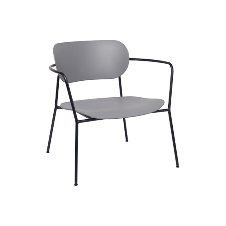 Contemporary Scandinavian Grey PP Accent Chair - Curved Metal Armrest &amp; Black Steel Frame Dining Chair For Living Room