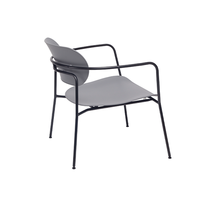 Contemporary Scandinavian Grey PP Accent Chair - Curved Metal Armrest &amp; Black Steel Frame Dining Chair For Living Room