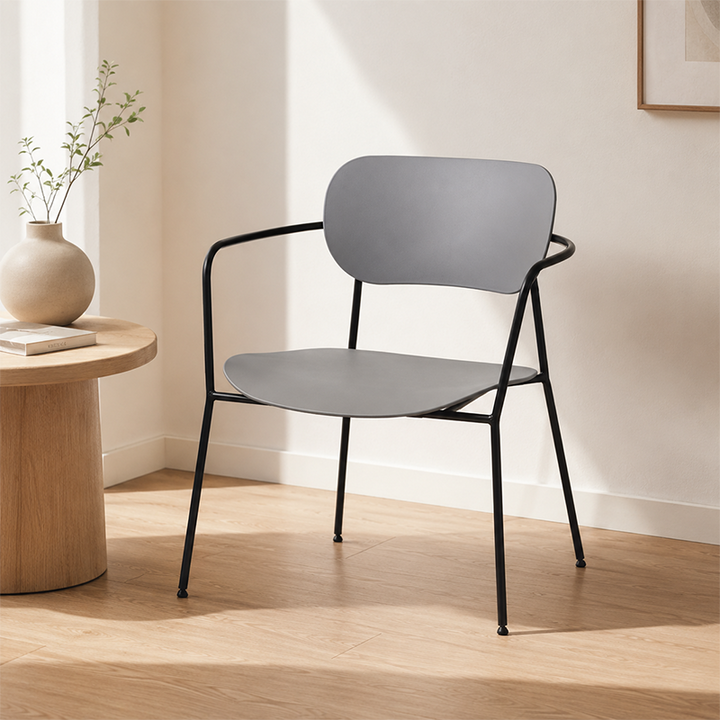 Contemporary Scandinavian Grey PP Accent Chair - Curved Metal Armrest &amp; Black Steel Frame Dining Chair For Living Room