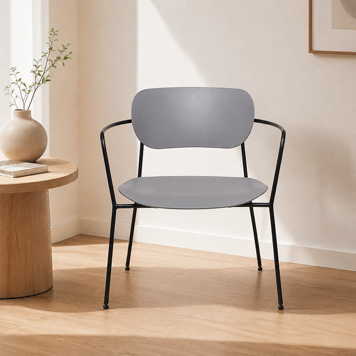 Contemporary Scandinavian Grey PP Accent Chair - Curved Metal Armrest &amp; Black Steel Frame Dining Chair For Living Room