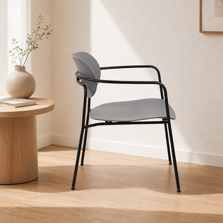 Contemporary Scandinavian Grey PP Accent Chair - Curved Metal Armrest &amp; Black Steel Frame Dining Chair For Living Room