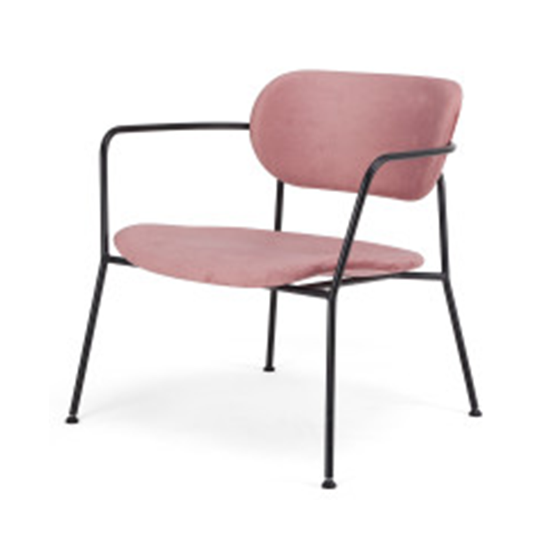 Contemporary Scandinavian Upholstered Dining Chair - Pink Fabric Seat &amp; Black Steel Frame Curved Armrest For Dining Room