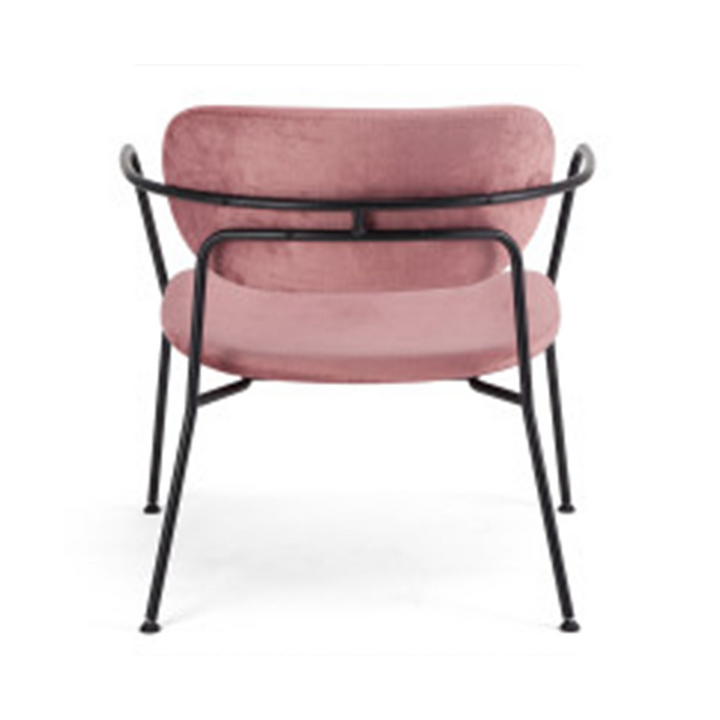 Contemporary Scandinavian Upholstered Dining Chair - Pink Fabric Seat &amp; Black Steel Frame Curved Armrest For Dining Room