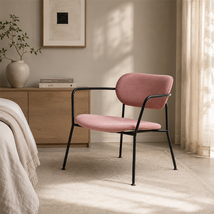 Contemporary Scandinavian Upholstered Dining Chair - Pink Fabric Seat &amp; Black Steel Frame Curved Armrest For Dining Room