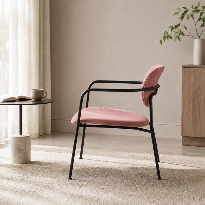 Contemporary Scandinavian Upholstered Dining Chair - Pink Fabric Seat &amp; Black Steel Frame Curved Armrest For Dining Room
