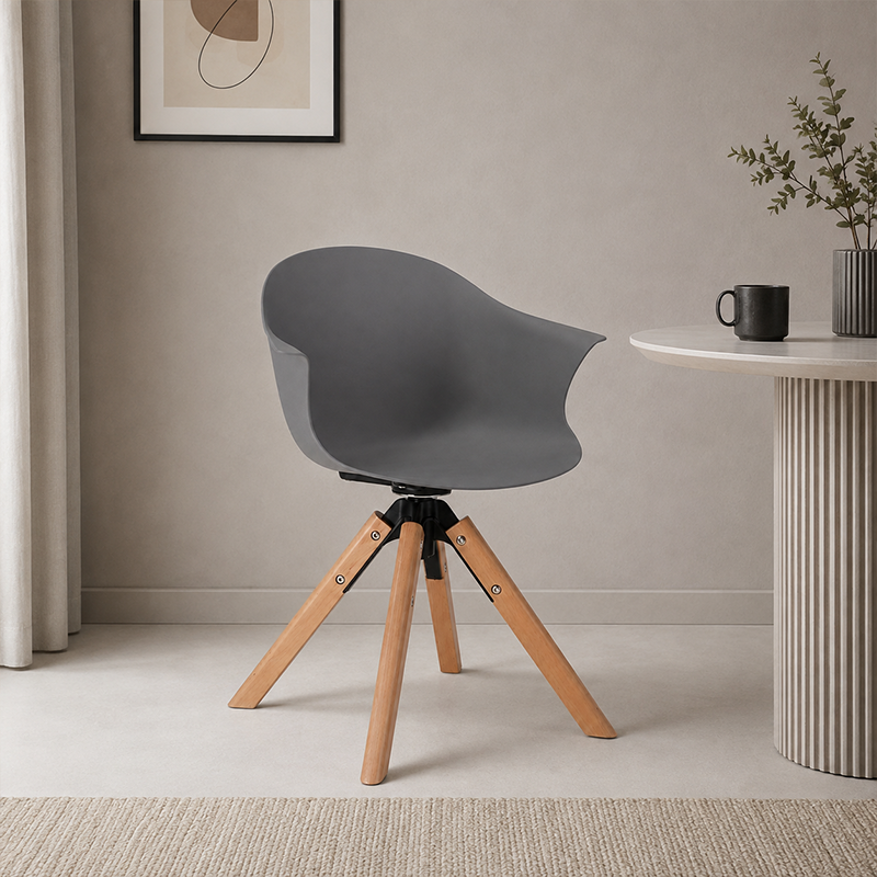 Contemporary Scandinavian PP Dining Chair - Beech Wood Legs &amp; Aluminum Connector Curved Armchair  For Dining Room