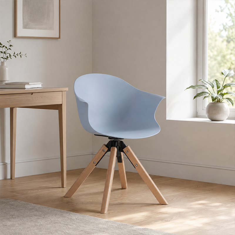 Contemporary Scandinavian PP Dining Chair - Beech Wood Legs &amp; Aluminum Connector Curved Armchair  For Dining Room