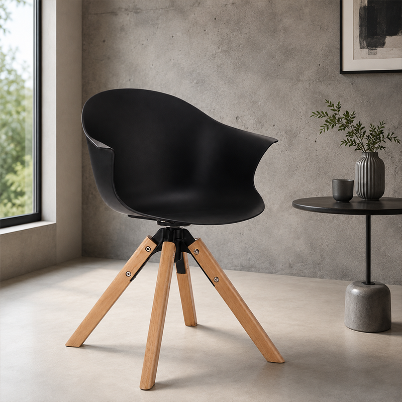 Contemporary Scandinavian PP Dining Chair - Beech Wood Legs &amp; Aluminum Connector Curved Armchair  For Dining Room
