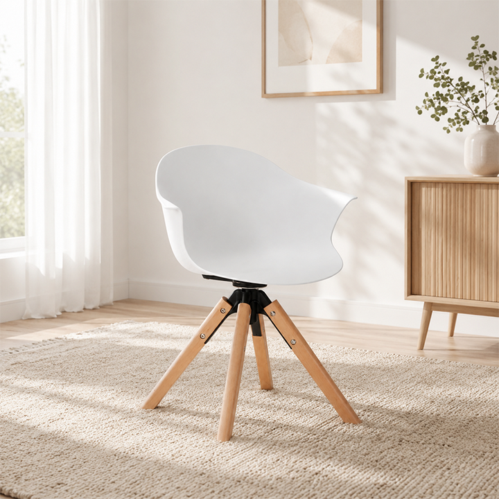 Contemporary Scandinavian PP Dining Chair - Beech Wood Legs &amp; Aluminum Connector Curved Armchair  For Dining Room