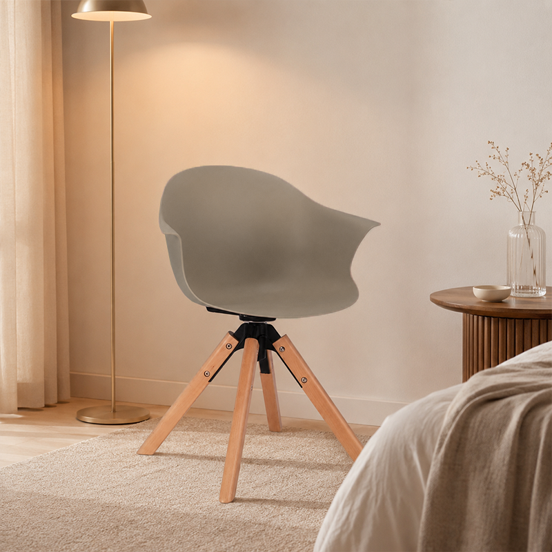 Contemporary Scandinavian PP Dining Chair - Beech Wood Legs &amp; Aluminum Connector Curved Armchair  For Dining Room