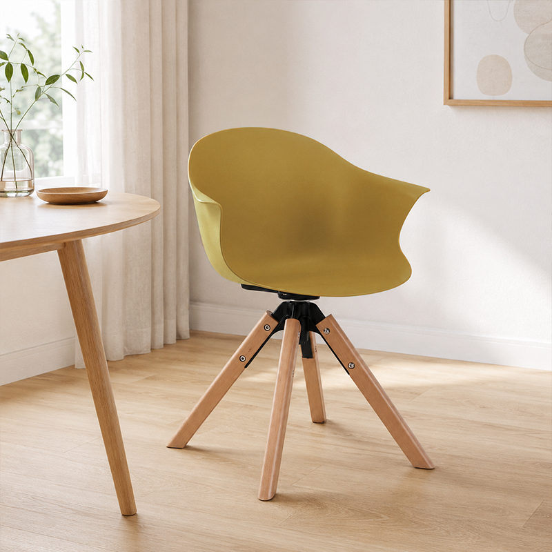 Contemporary Scandinavian PP Dining Chair - Beech Wood Legs &amp; Aluminum Connector Curved Armchair  For Dining Room