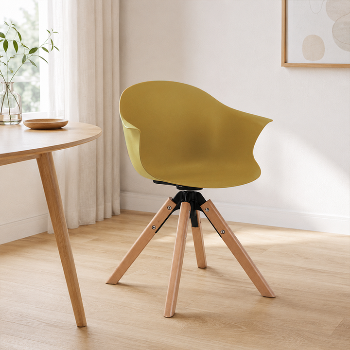 Contemporary Scandinavian PP Dining Chair - Beech Wood Legs &amp; Aluminum Connector Curved Armchair  For Dining Room