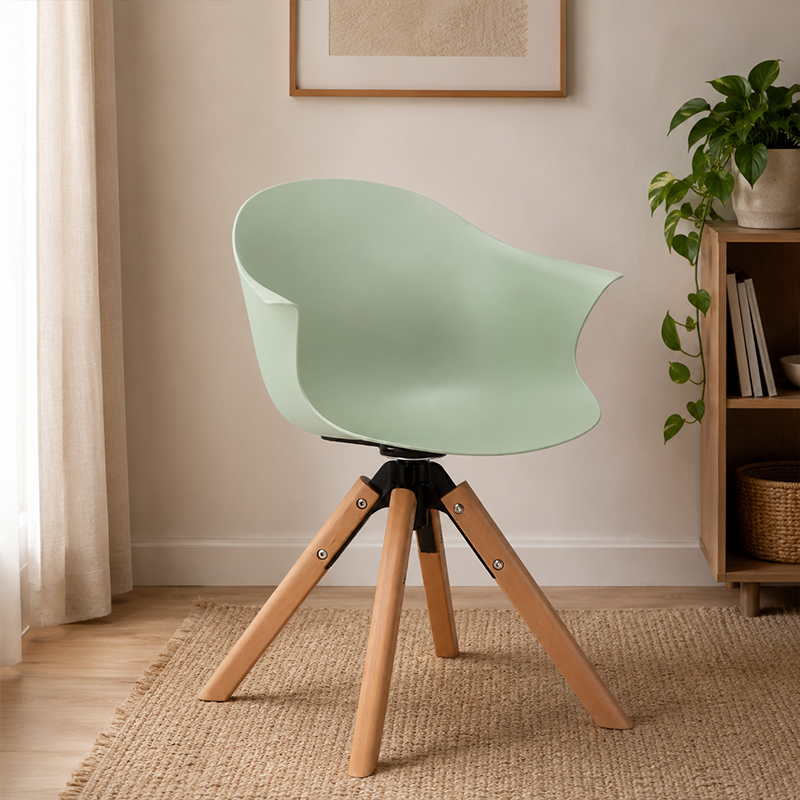 Contemporary Scandinavian PP Dining Chair - Beech Wood Legs &amp; Aluminum Connector Curved Armchair  For Dining Room
