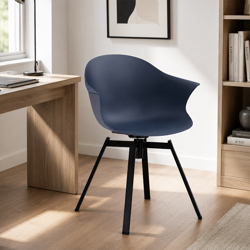 Contemporary Scandinavian Swivel Dining Chair - Curved Armchair With PP Shell And Black Iron Legs For Dining Room