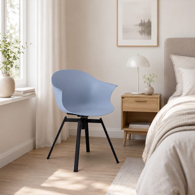 Contemporary Scandinavian Swivel Dining Chair - Curved Armchair With PP Shell And Black Iron Legs For Dining Room