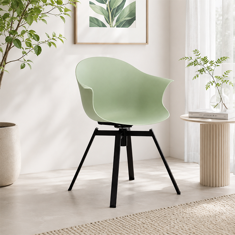 Contemporary Scandinavian Swivel Dining Chair - Curved Armchair With PP Shell And Black Iron Legs For Dining Room