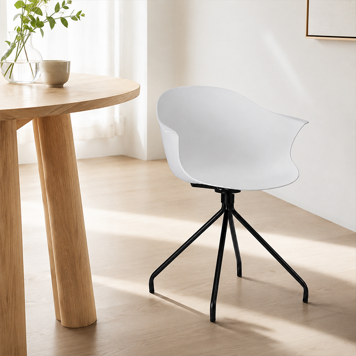 Contemporary Scandinavian Armrest Backrest Dining Chair - Curved PP Shell &amp; Splayed Black Steel Legs For Dining Room