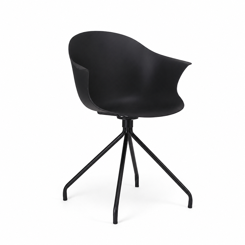 Contemporary Scandinavian Armrest Backrest Dining Chair - Curved PP Shell &amp; Splayed Black Steel Legs For Dining Room