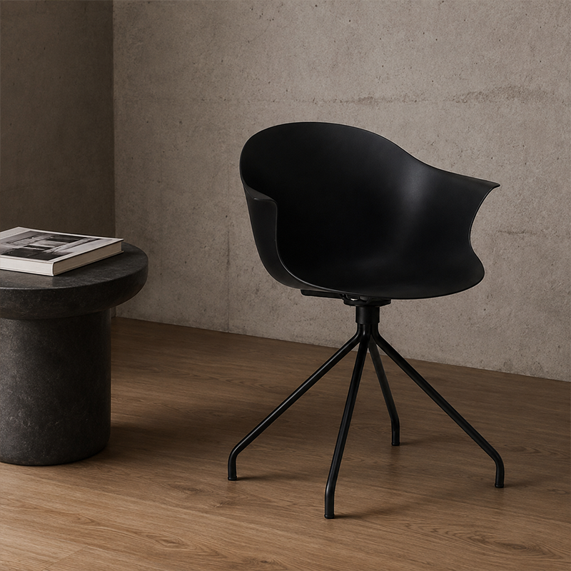 Contemporary Scandinavian Armrest Backrest Dining Chair - Curved PP Shell &amp; Splayed Black Steel Legs For Dining Room