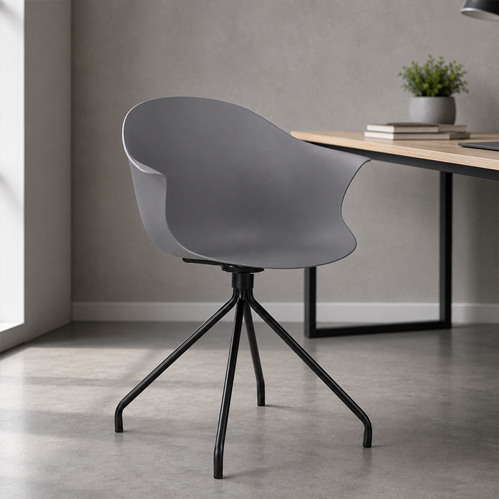 Contemporary Scandinavian Armrest Backrest Dining Chair - Curved PP Shell &amp; Splayed Black Steel Legs For Dining Room