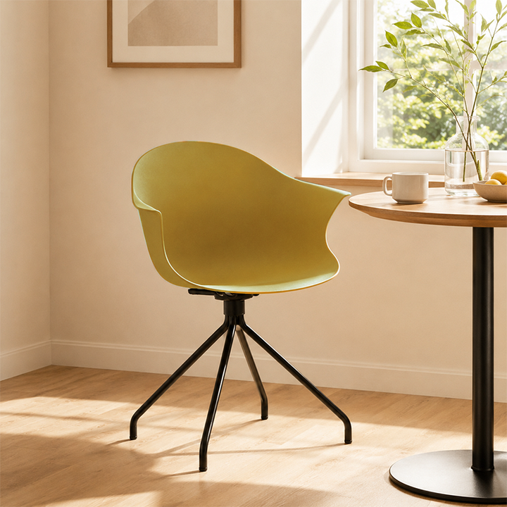Contemporary Scandinavian Armrest Backrest Dining Chair - Curved PP Shell &amp; Splayed Black Steel Legs For Dining Room