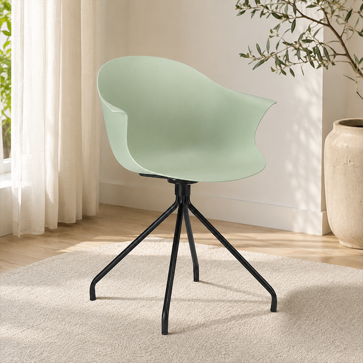 Contemporary Scandinavian Armrest Backrest Dining Chair - Curved PP Shell &amp; Splayed Black Steel Legs For Dining Room