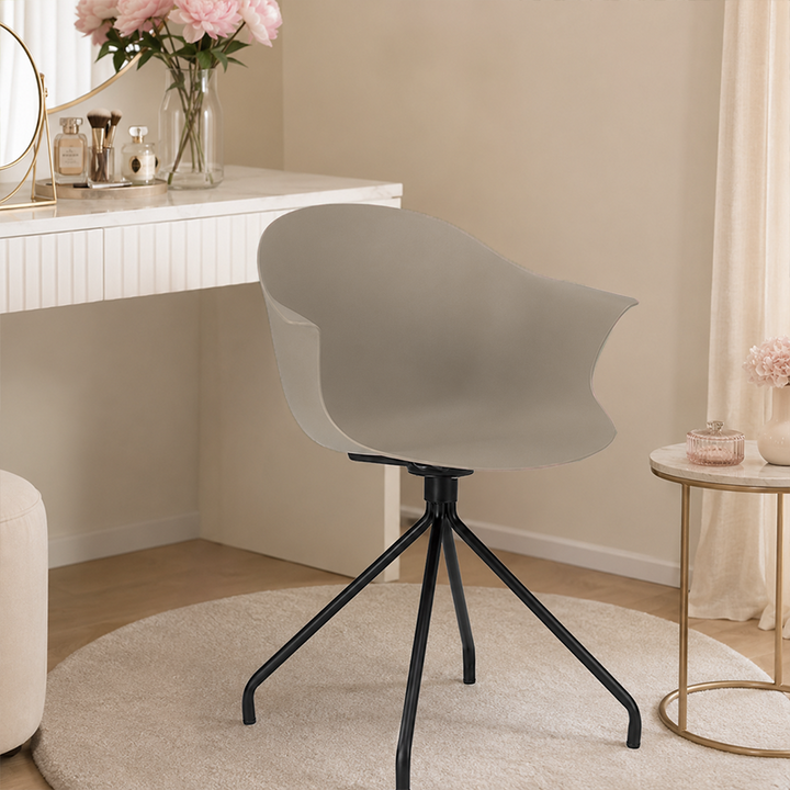 Contemporary Scandinavian Armrest Backrest Dining Chair - Curved PP Shell &amp; Splayed Black Steel Legs For Dining Room