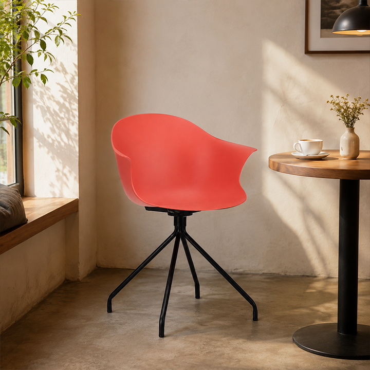 Contemporary Scandinavian Armrest Backrest Dining Chair - Curved PP Shell &amp; Splayed Black Steel Legs For Dining Room