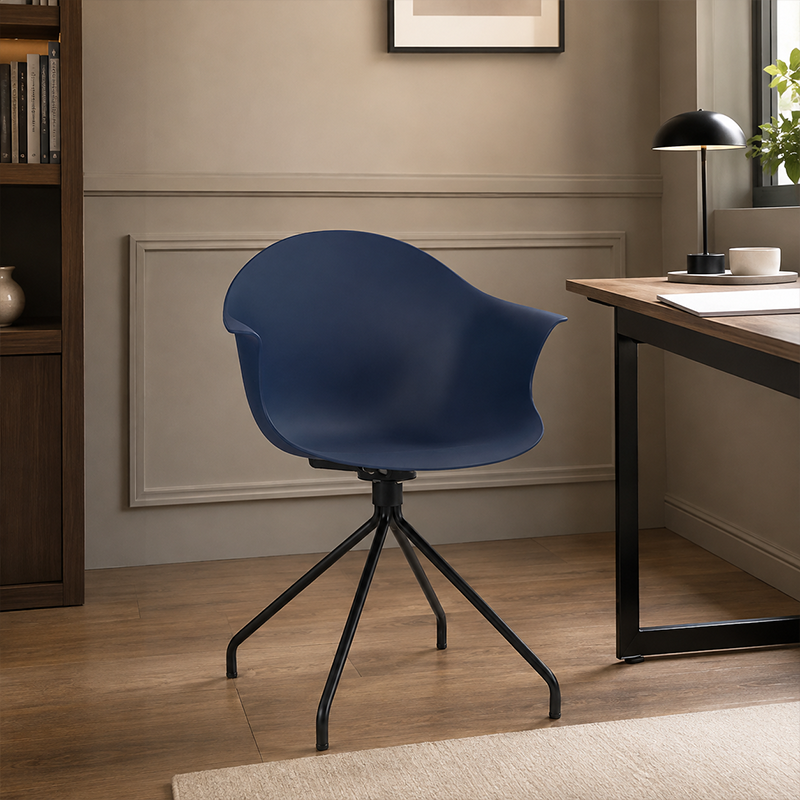 Contemporary Scandinavian Armrest Backrest Dining Chair - Curved PP Shell &amp; Splayed Black Steel Legs For Dining Room
