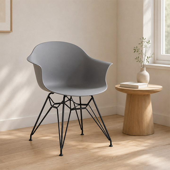 Contemporary Scandinavian PP Dining Chair - Curved Armrest &amp; Black Intersecting Steel Backrest Chair For Dining Room